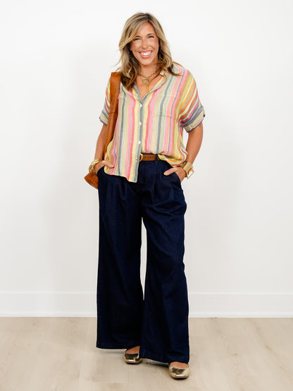 Multi Color Striped Short Sleeve Button Down Shirt