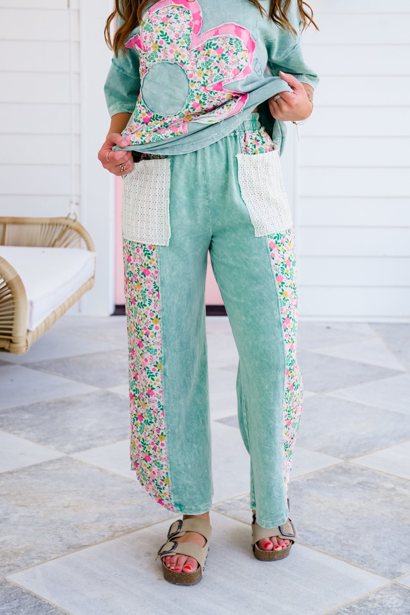Mineral Wash Elastic Waist Pants with Floral Detail