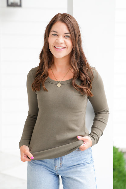 Ribbed Long Sleeve Scoop Neck Fitted Top