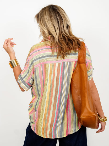 Multi Color Striped Short Sleeve Button Down Shirt