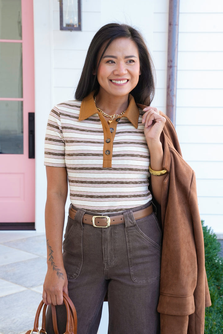 Stripe Short Sleeve Button-Up Polo Top