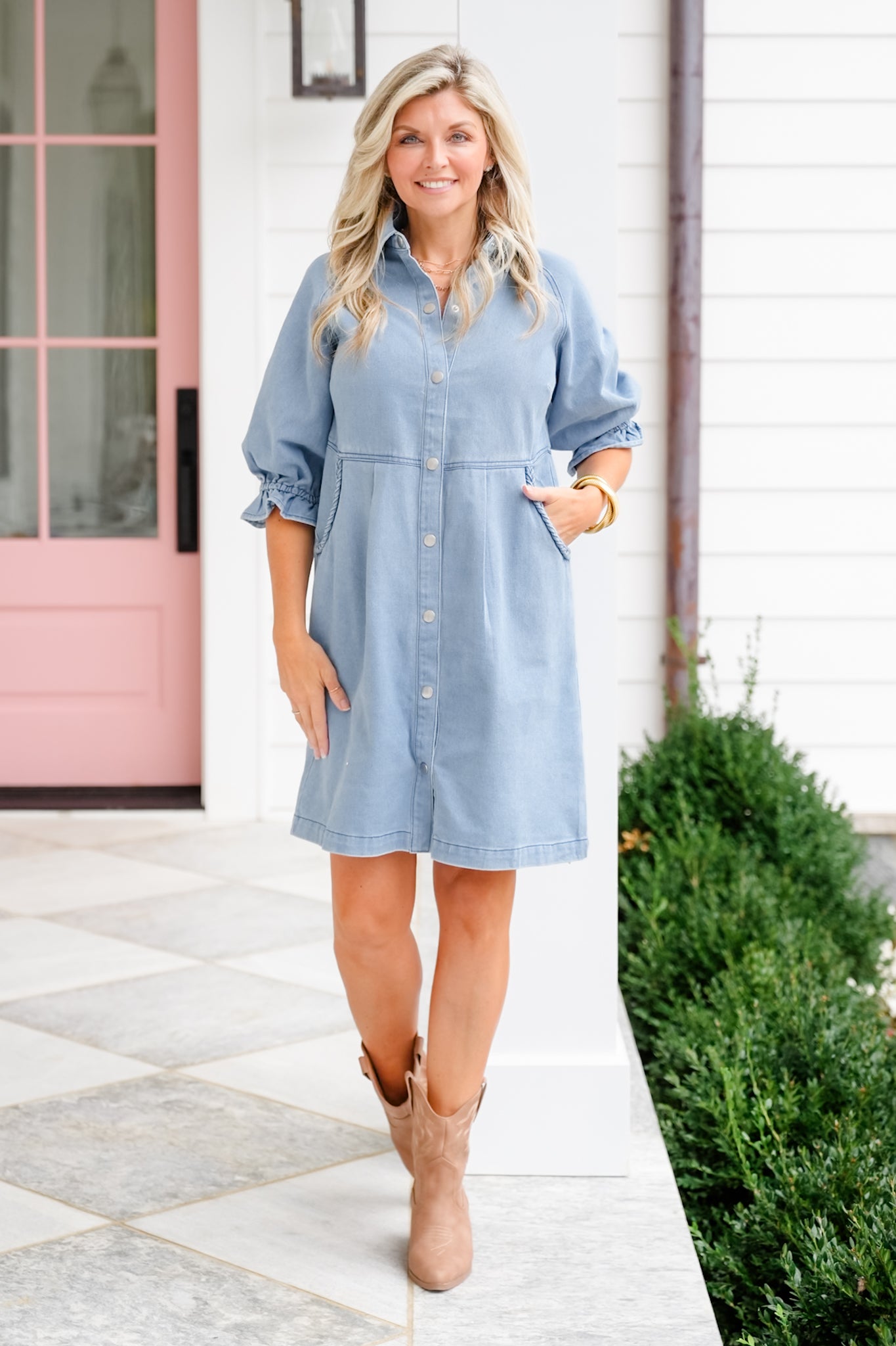 Plus/Reg Light Wash Button Down Shirt Dress