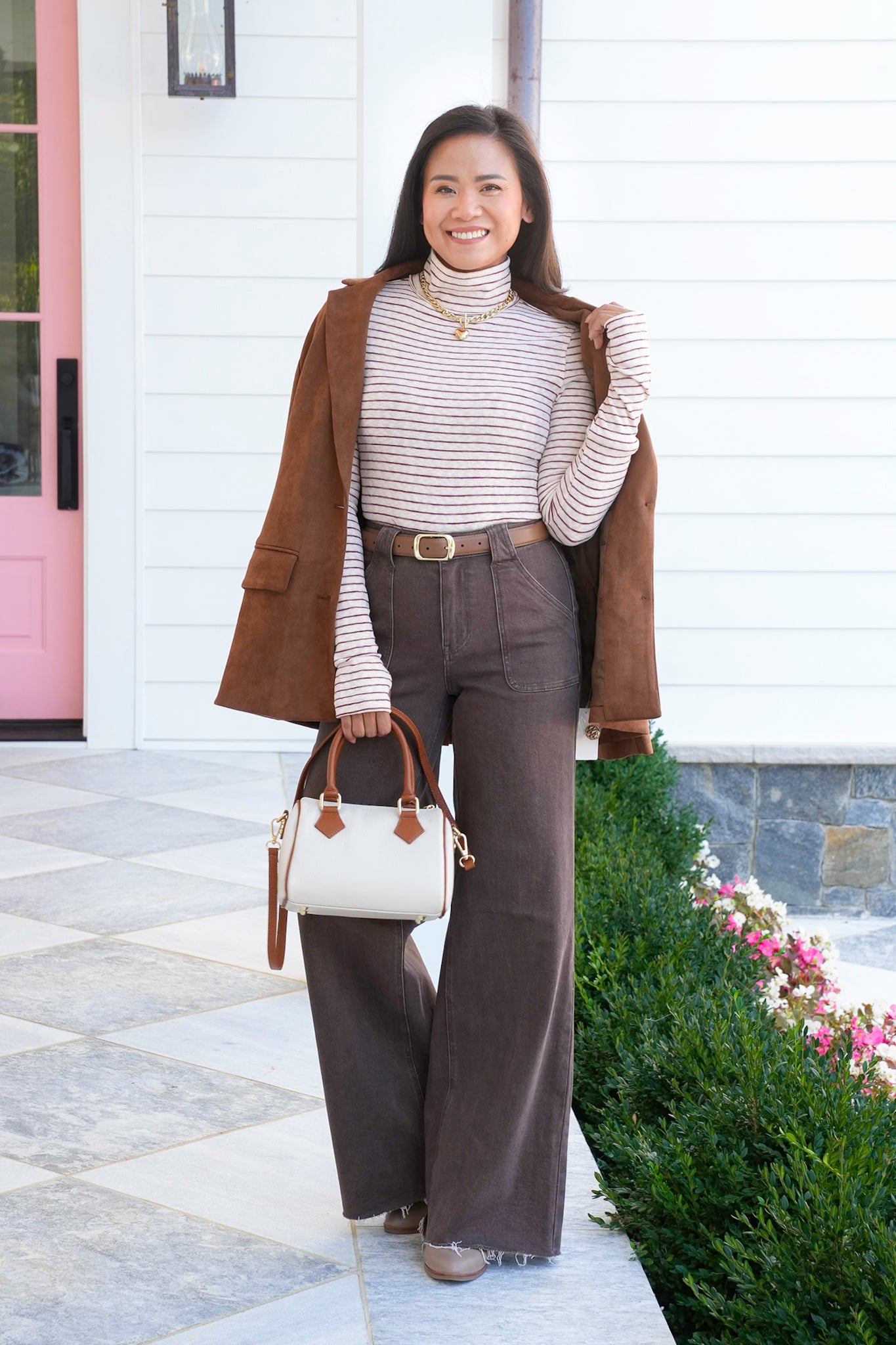 Stripe Long Sleeve Turtle Neck Top with Thumbholes