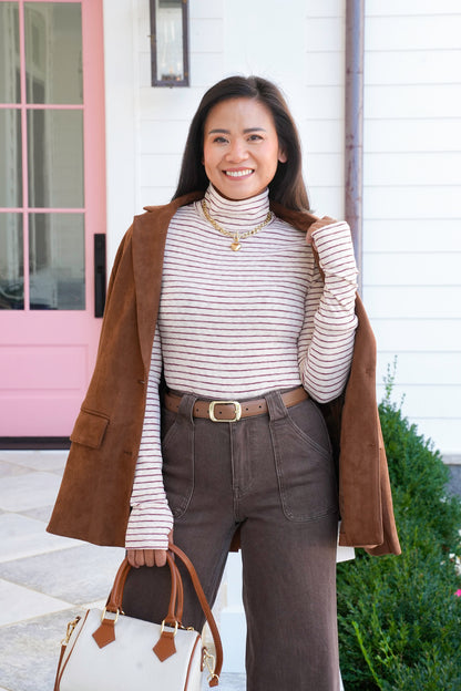 Stripe Long Sleeve Turtle Neck Top with Thumbholes