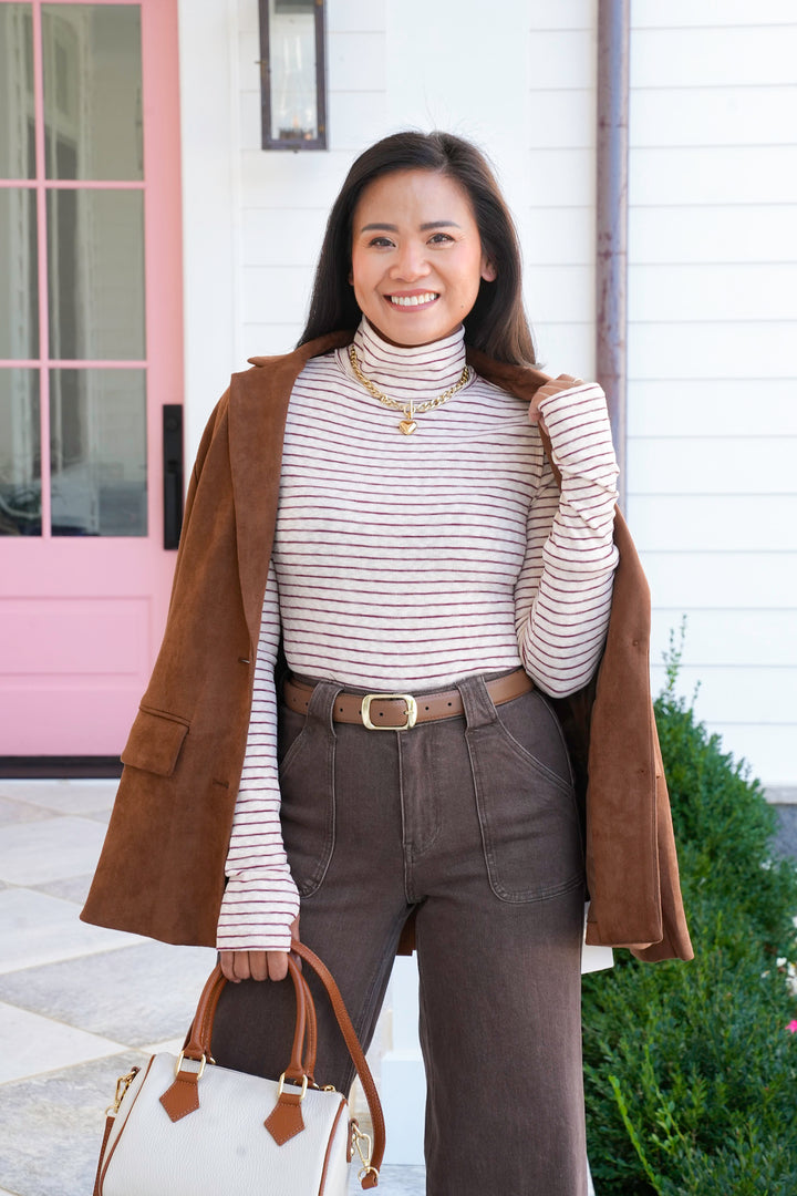 Stripe Long Sleeve Turtle Neck Top with Thumbholes