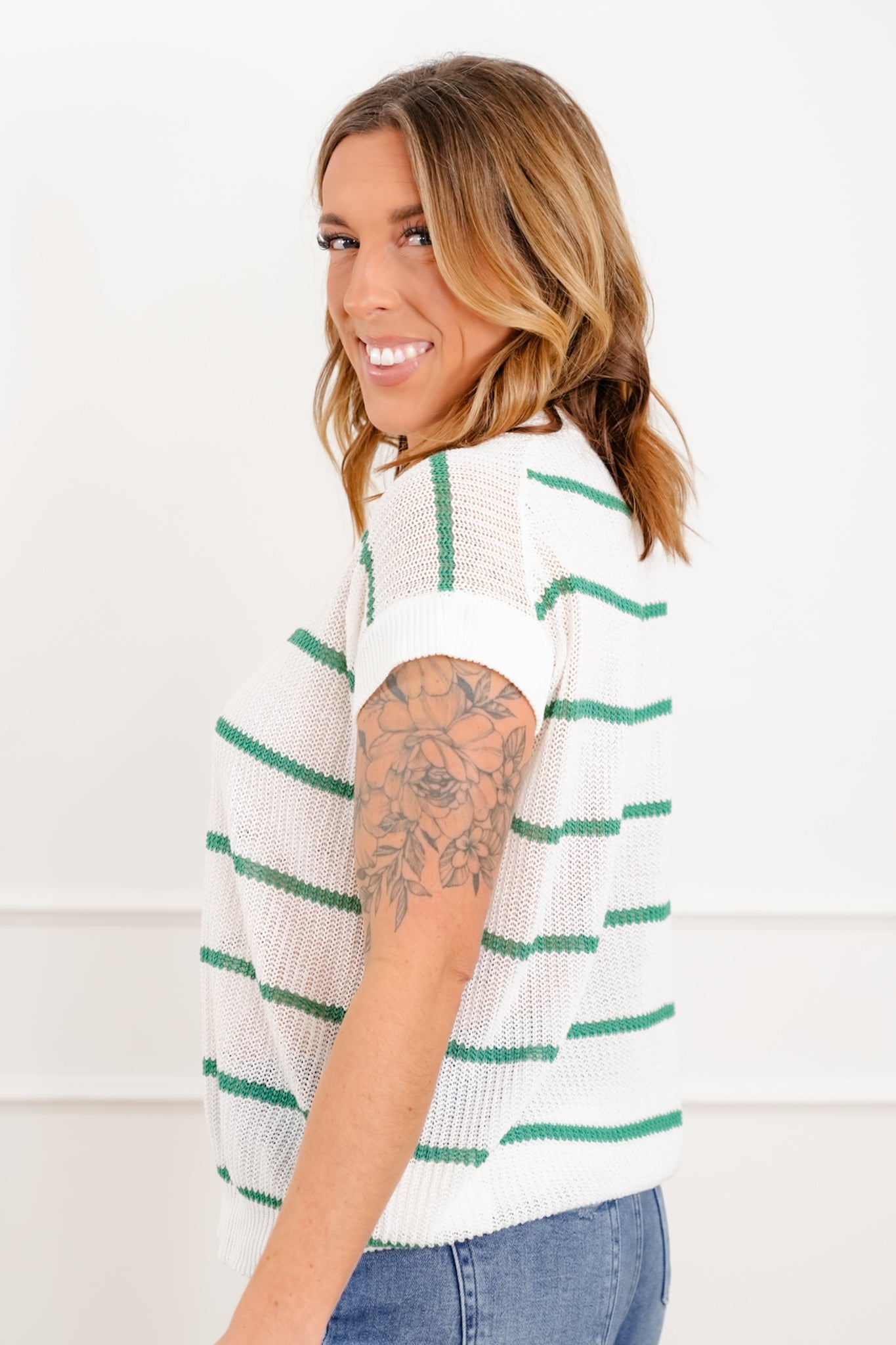 Plus/Reg Striped Short Sleeve Knit Top
