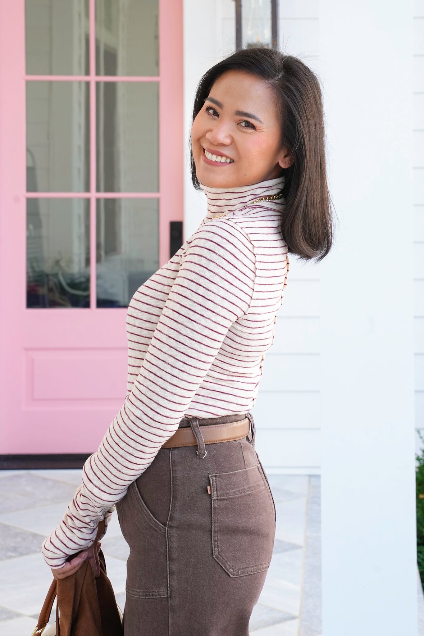 Stripe Long Sleeve Turtle Neck Top with Thumbholes