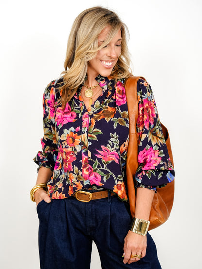 Plus/Reg Floral Print Long Sleeve Button Down Top