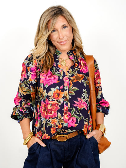 Plus/Reg Floral Print Long Sleeve Button Down Top