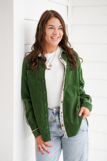 Corduroy Long Sleeve Button Down Top with Floral Detail