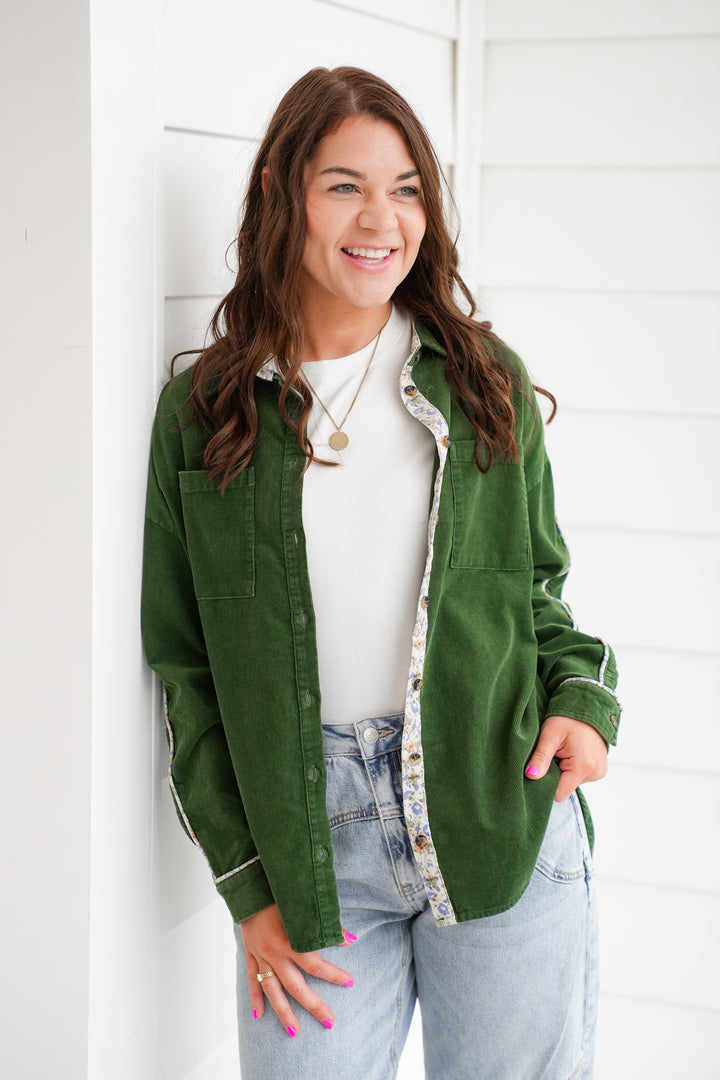 Corduroy Long Sleeve Button Down Top with Floral Detail