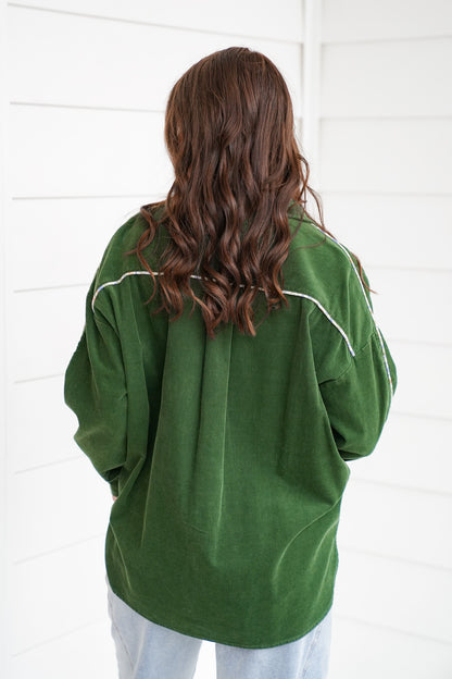 Corduroy Long Sleeve Button Down Top with Floral Detail