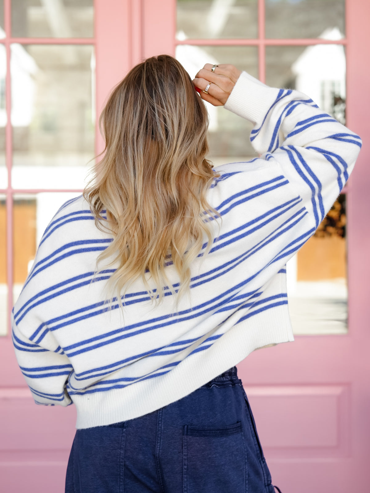 White and Blue Stripe Long Sleeve Pullover Sweater - Freckled Poppy