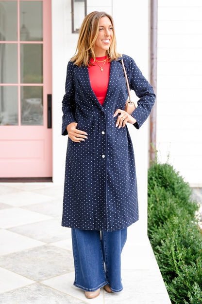 Plus/Reg Polka Dot Pattern Long Sleeve Button Up Duster Jacket
