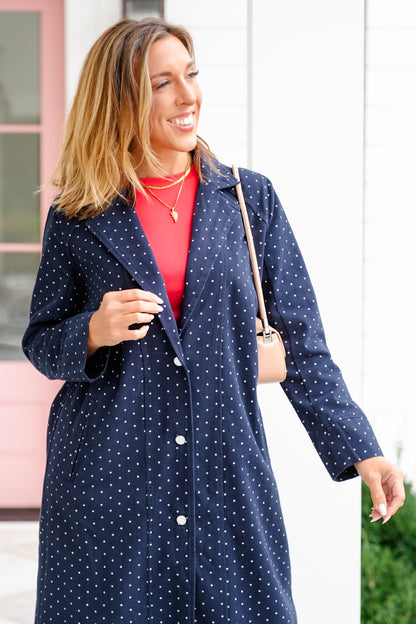 Plus/Reg Polka Dot Pattern Long Sleeve Button Up Duster Jacket
