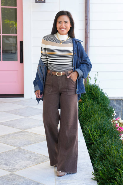 Ribbed Stripe Long Sleeve Mock Neck Sweater