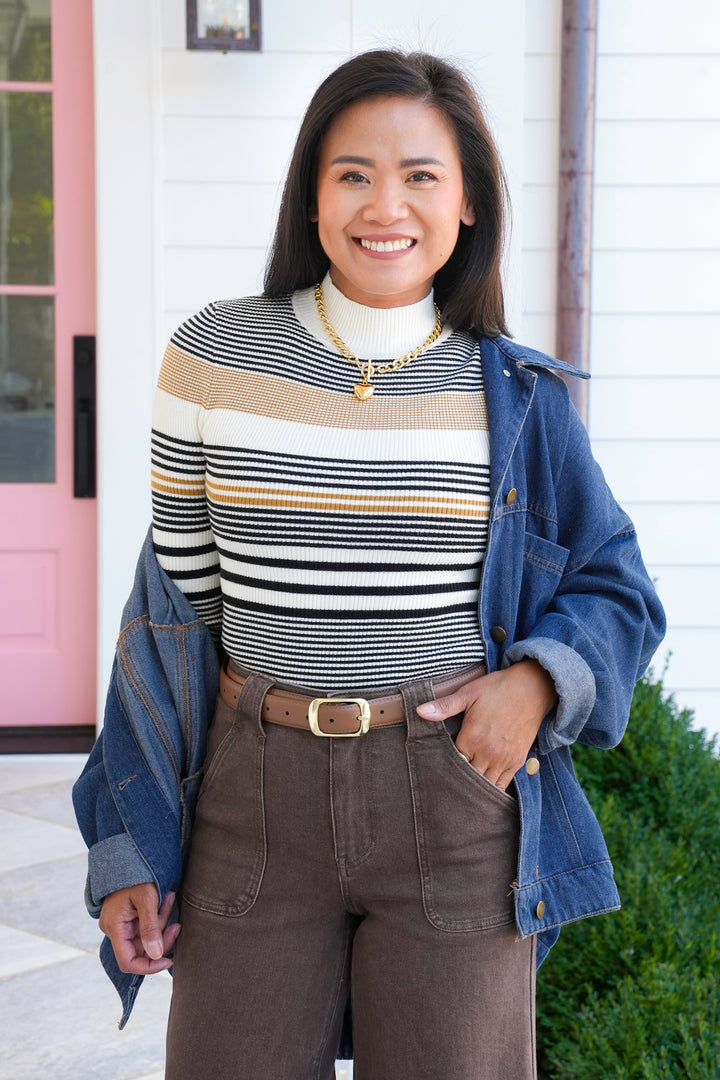 Ribbed Stripe Long Sleeve Mock Neck Sweater