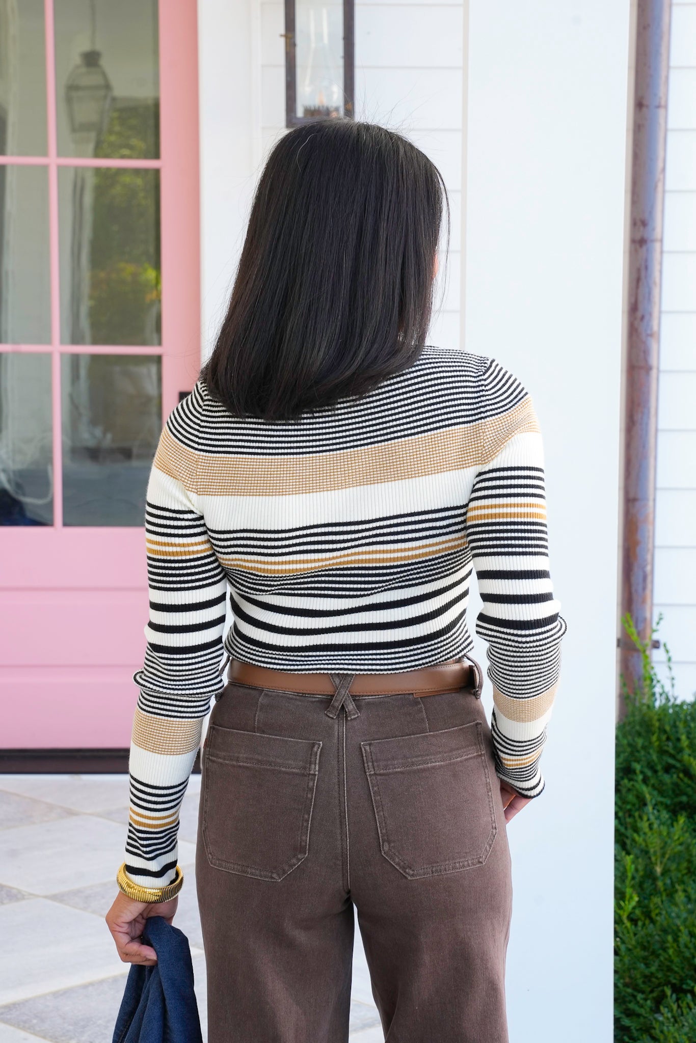 Ribbed Stripe Long Sleeve Mock Neck Sweater