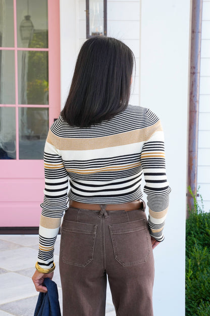 Ribbed Stripe Long Sleeve Mock Neck Sweater