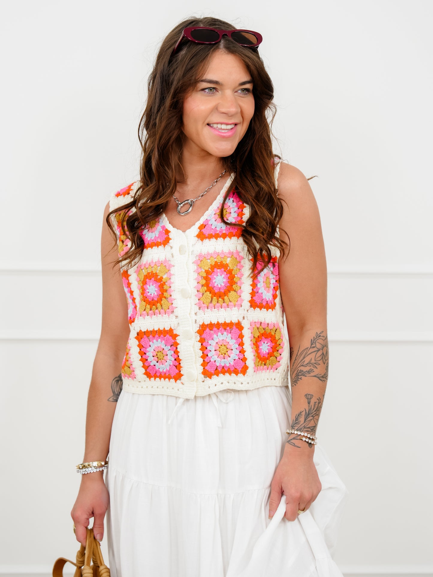 Sleeveless Crochet Granny Square Button Down Top