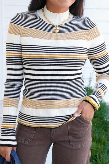 Ribbed Stripe Long Sleeve Mock Neck Sweater