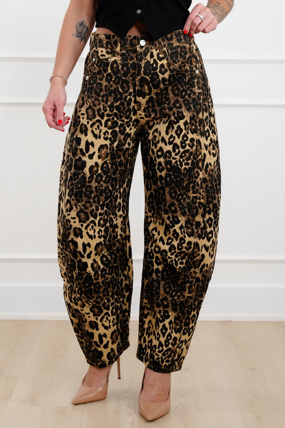 Plus/ Reg Brown Leopard Print Barrel Jeans