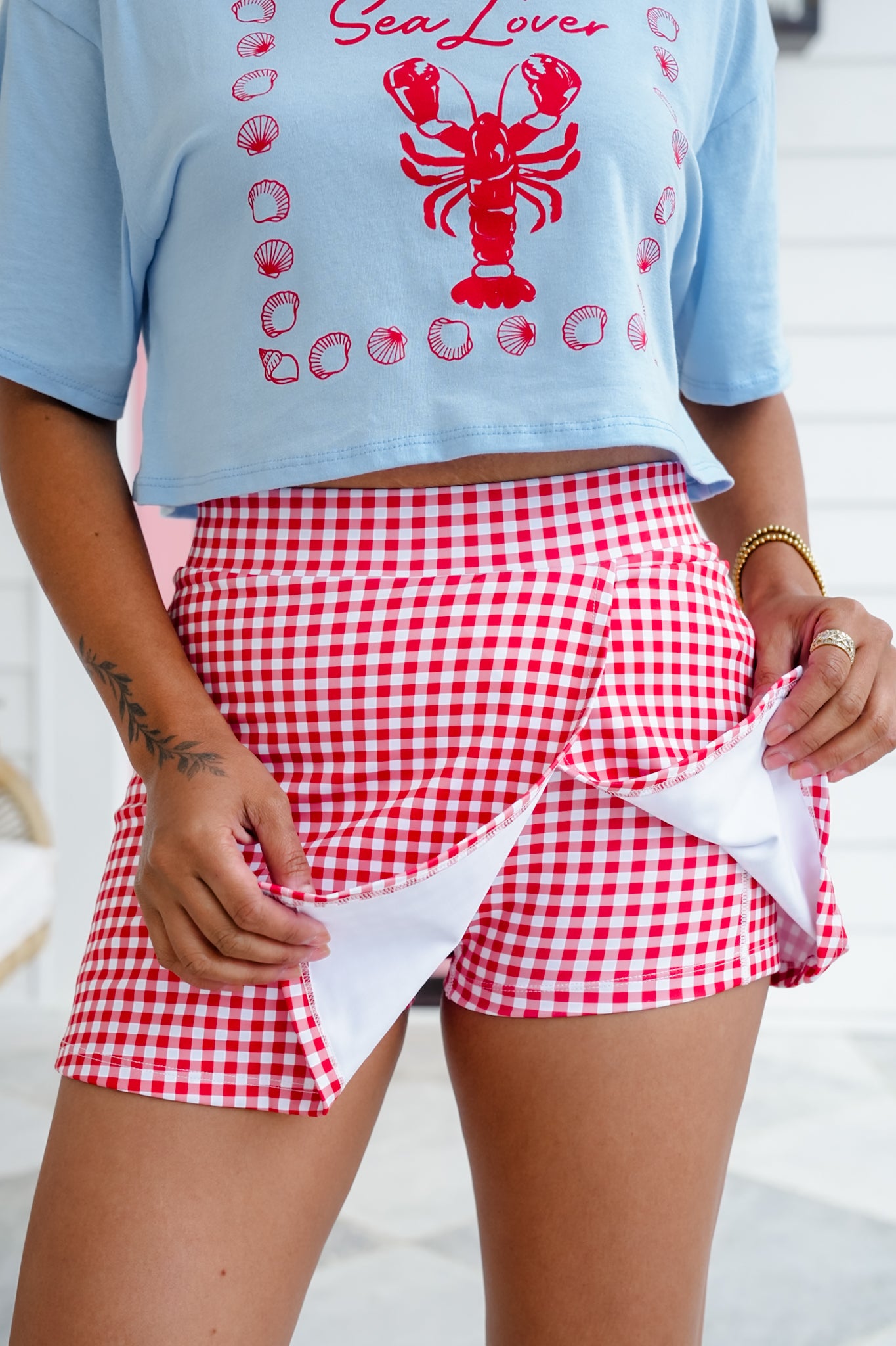 Red Gingham Print Skort with Side Slit Detail