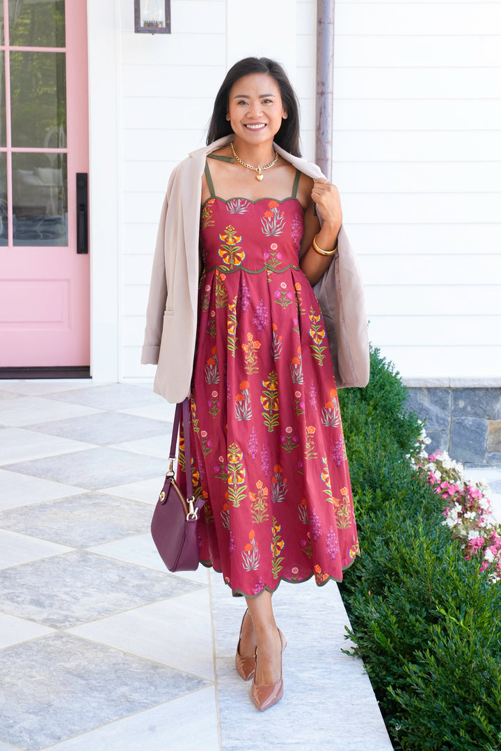 Floral Sleeveless Scalloped Neck Midi Dress