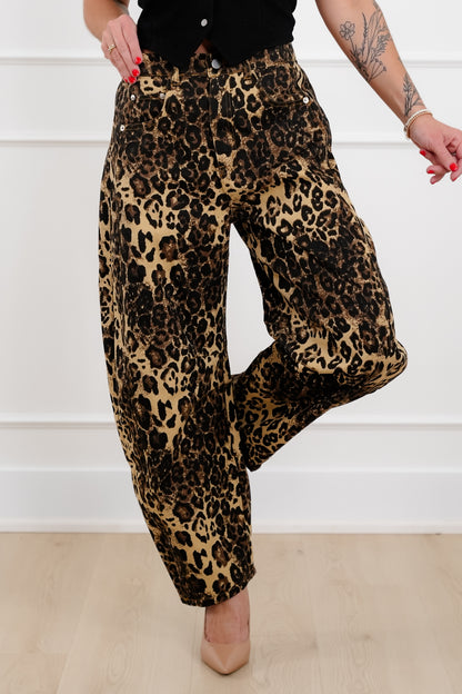Plus/ Reg Brown Leopard Print Barrel Jeans