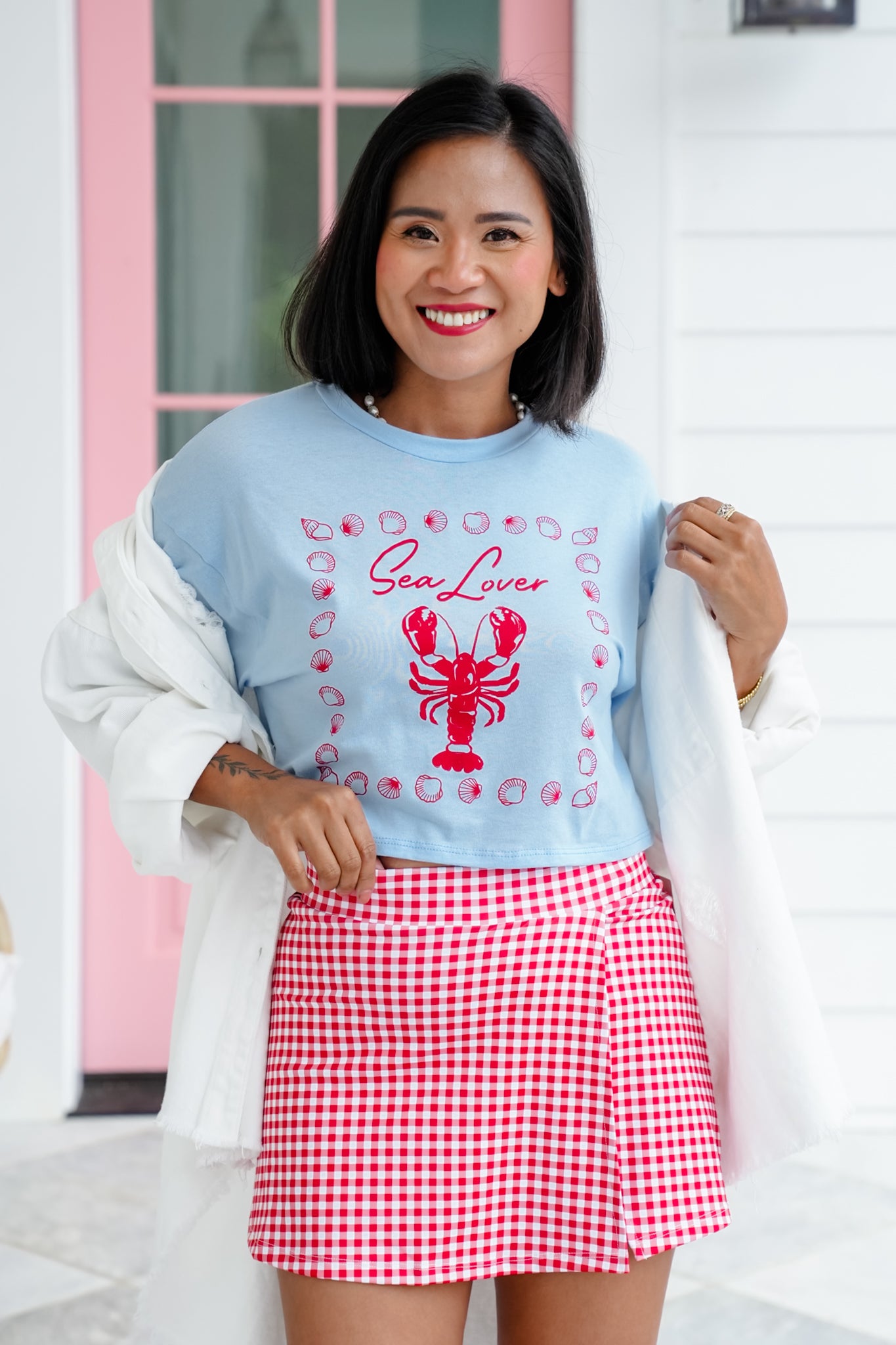 Blue Short Sleeve "Sea Lover" Cropped Graphic Top