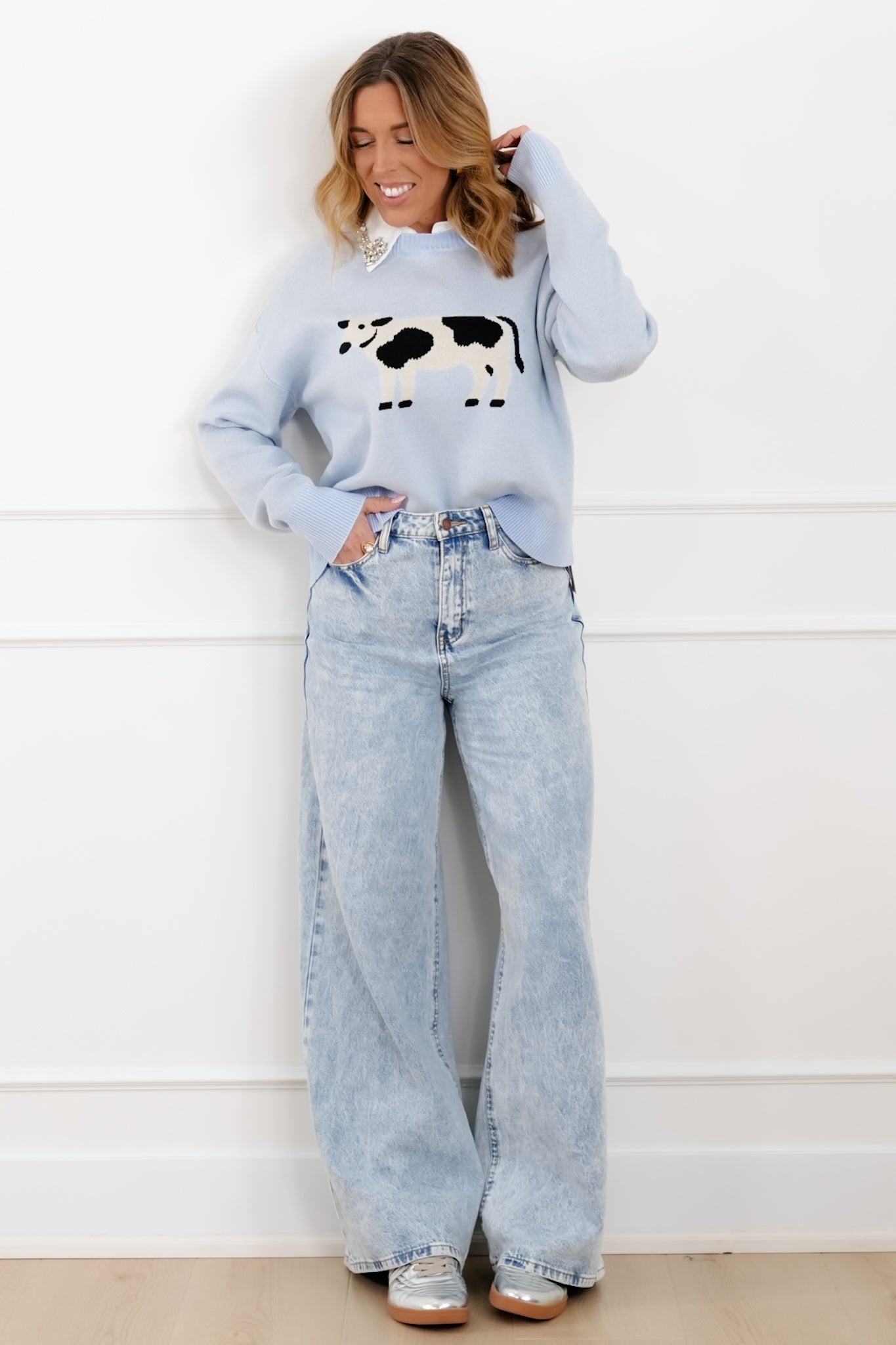 Knit Long Sleeve Cow Pullover Sweater