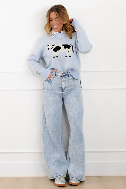 Knit Long Sleeve Cow Pullover Sweater