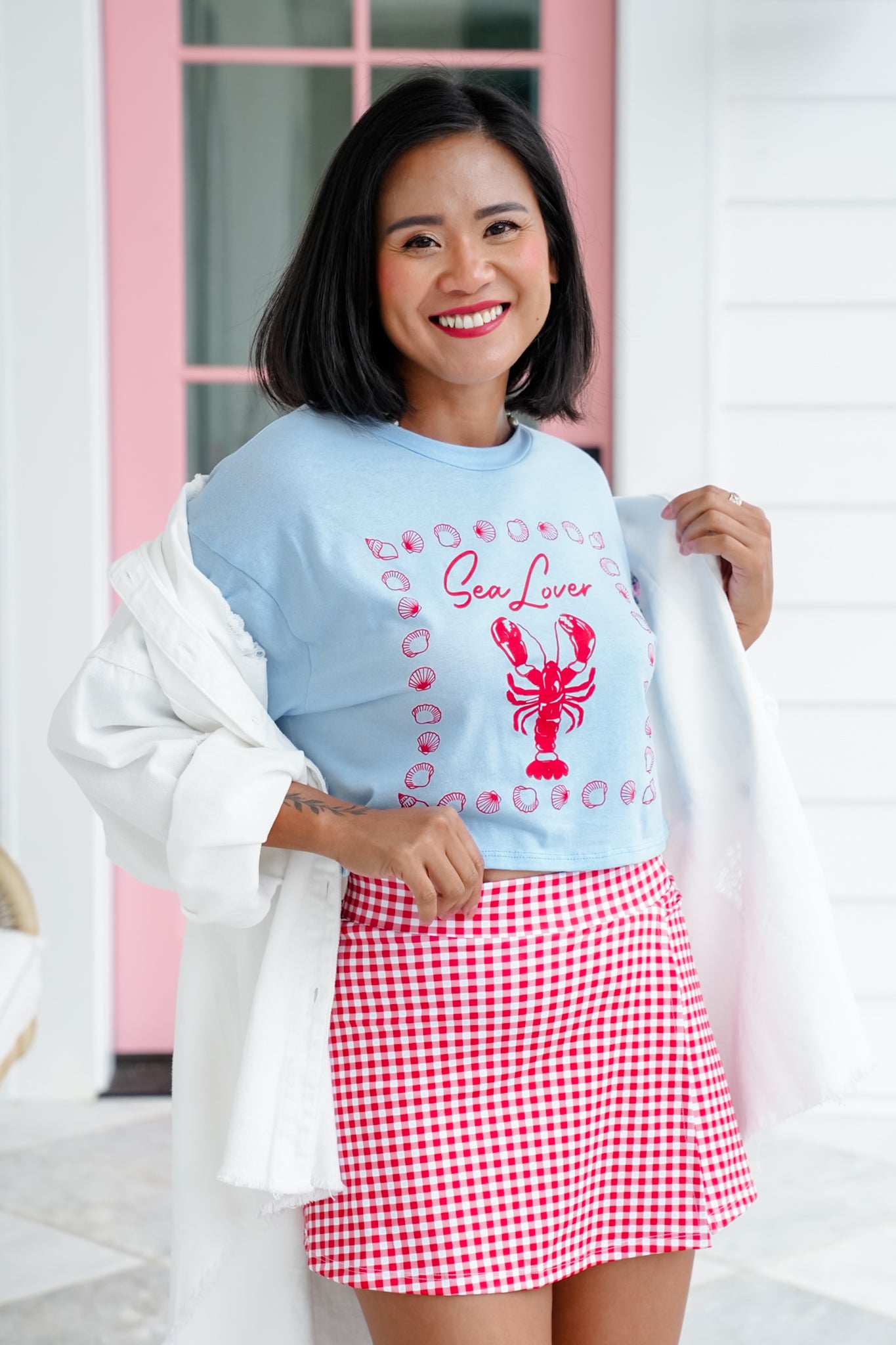 Blue Short Sleeve "Sea Lover" Cropped Graphic Top
