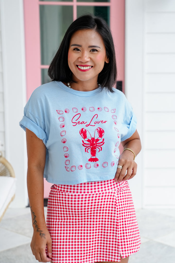 Blue Short Sleeve "Sea Lover" Cropped Graphic Top