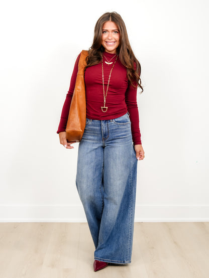 Solid Long Sleeve Mock Neck Knit Top