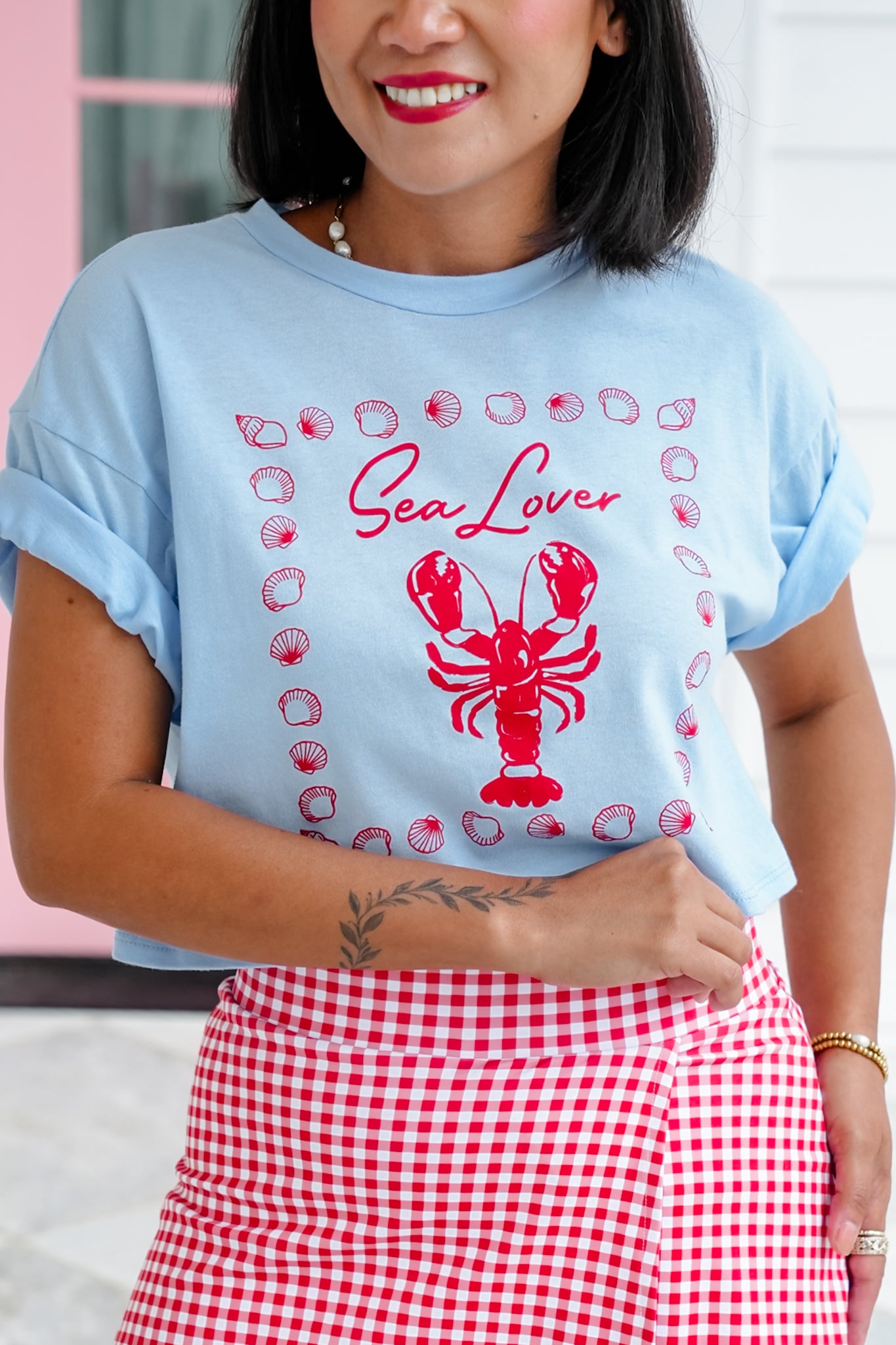 Blue Short Sleeve "Sea Lover" Cropped Graphic Top