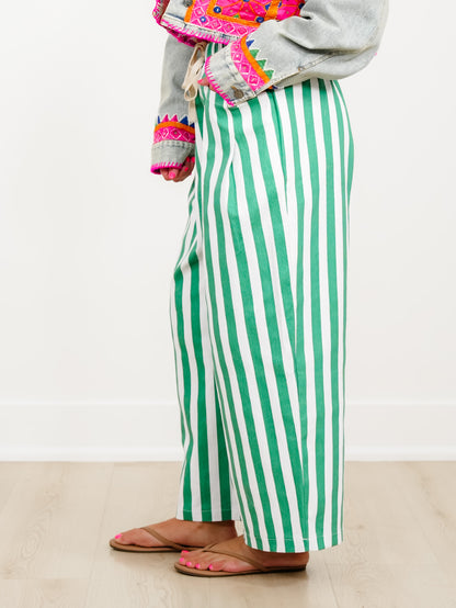 Vertical Stripe Elastic Waist Pants with Patch Pockets