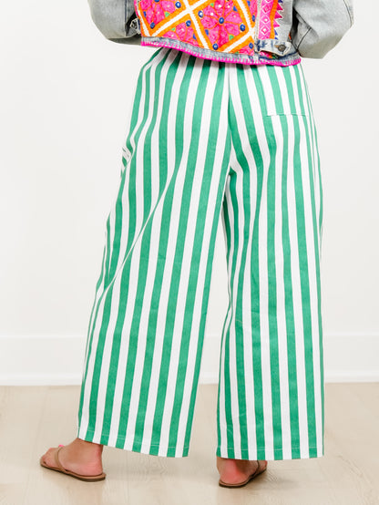 Vertical Stripe Elastic Waist Pants with Patch Pockets