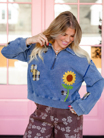 POL Embroidered Sunflower Long Sleeve Half Zip Collared Sweatshirt
