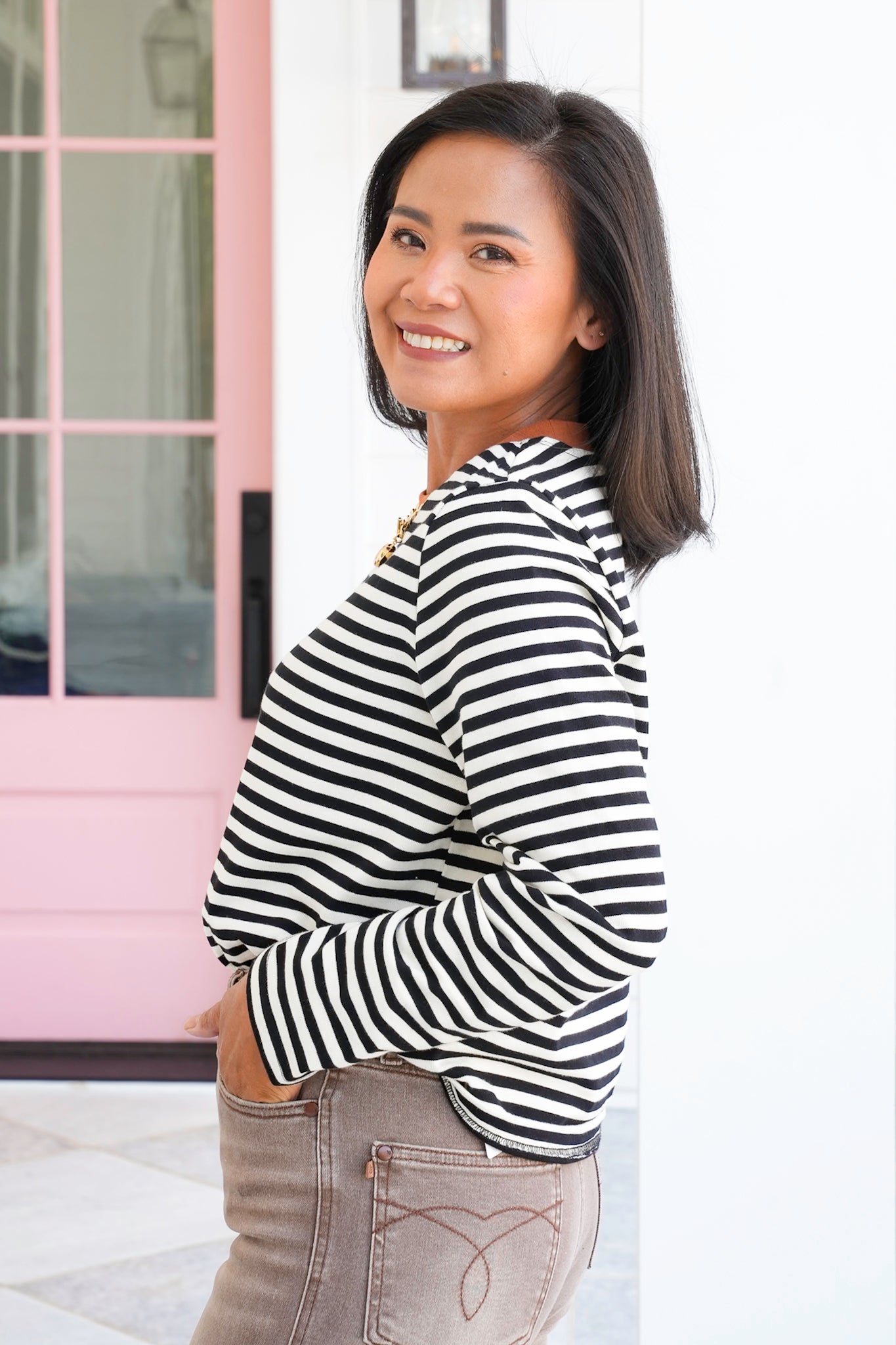 Stripe Long Sleeve Crew Neck Top