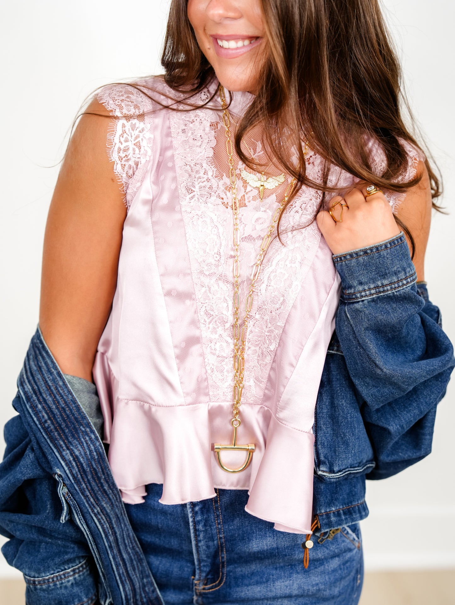 Satin Sleeveless Mock Neck Peplum Top with Lace Trim