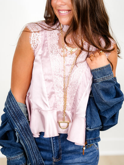Satin Sleeveless Mock Neck Peplum Top with Lace Trim