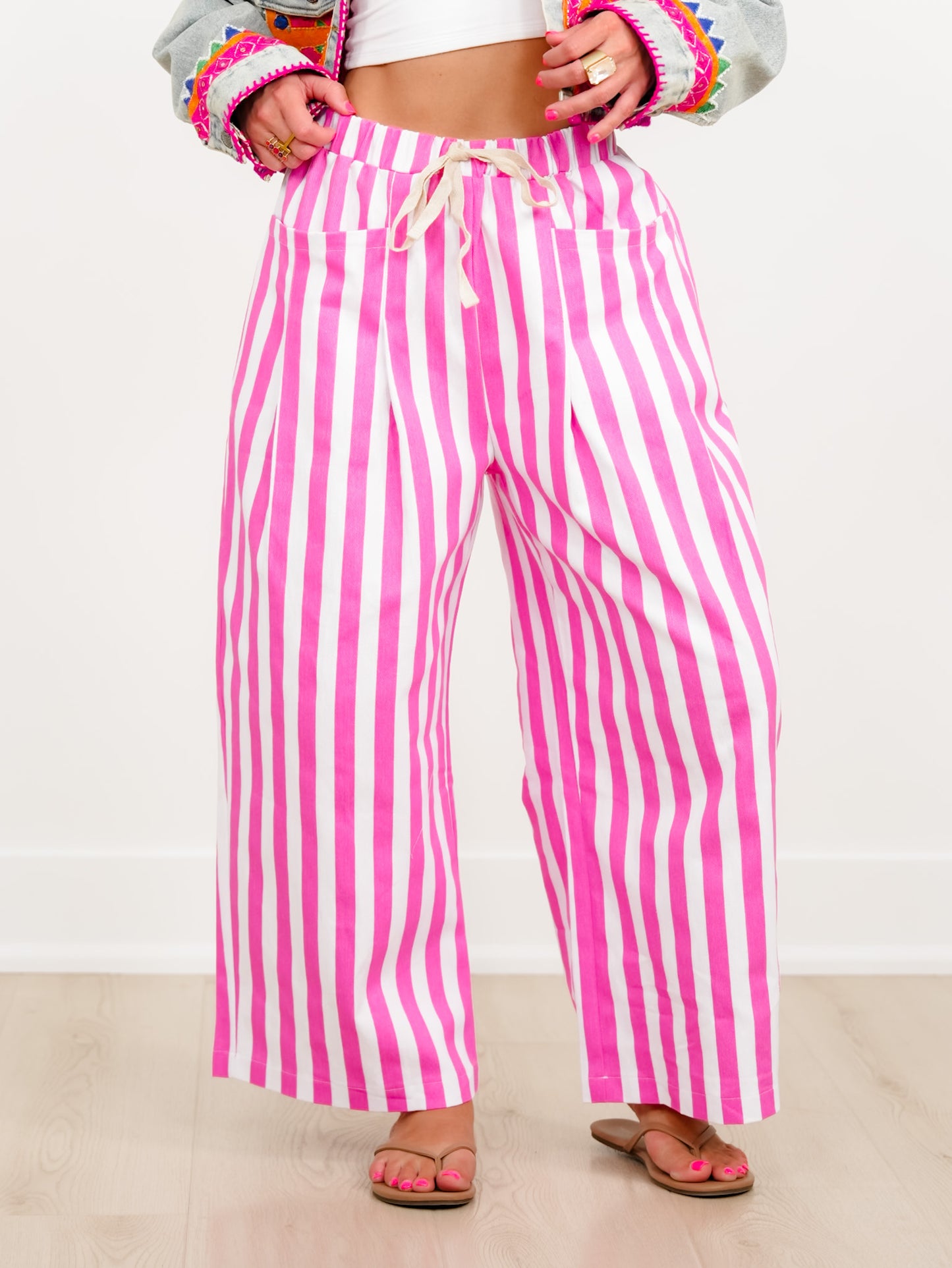 Vertical Stripe Elastic Waist Pants with Patch Pockets
