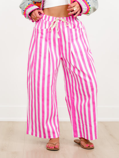 Vertical Stripe Elastic Waist Pants with Patch Pockets