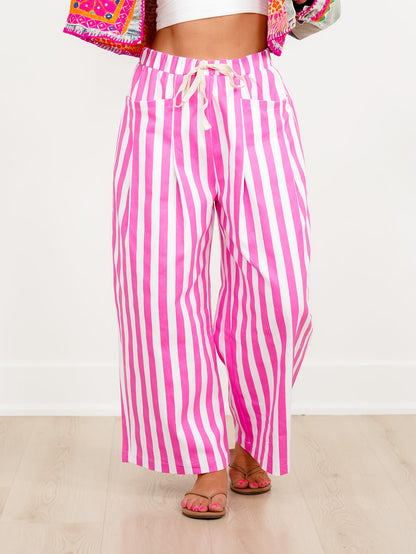 Vertical Stripe Elastic Waist Pants with Patch Pockets