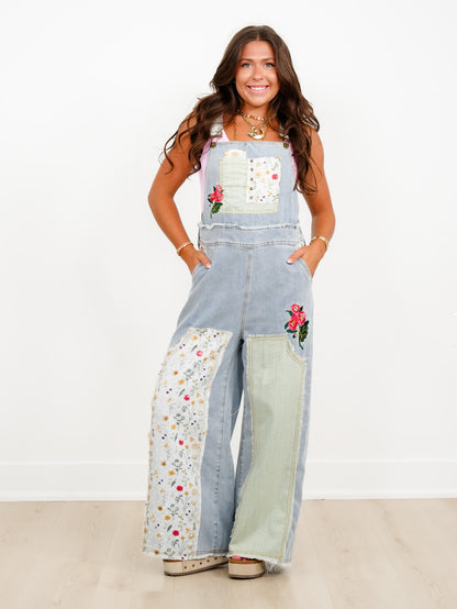 POL Light Wash Overalls with Patchwork Detail