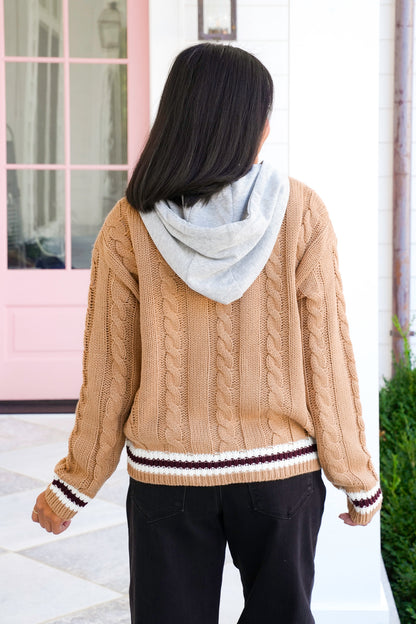 Knit Long Sleeve Hooded Sweater With Contrast