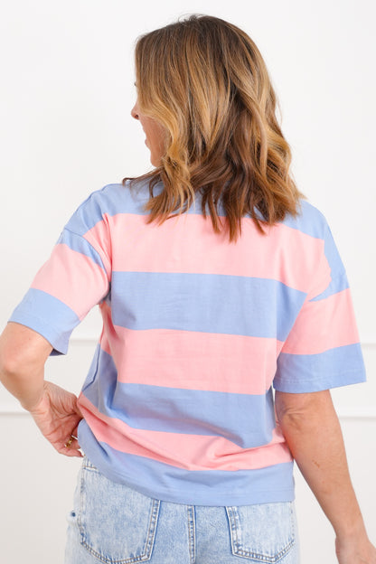 Rugby Stripe Short Sleeve Button Neck Top