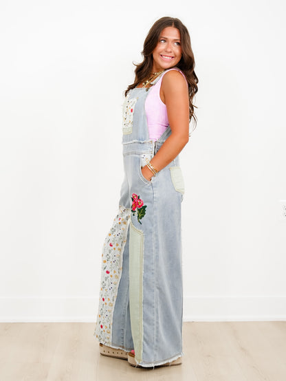 POL Light Wash Overalls with Patchwork Detail