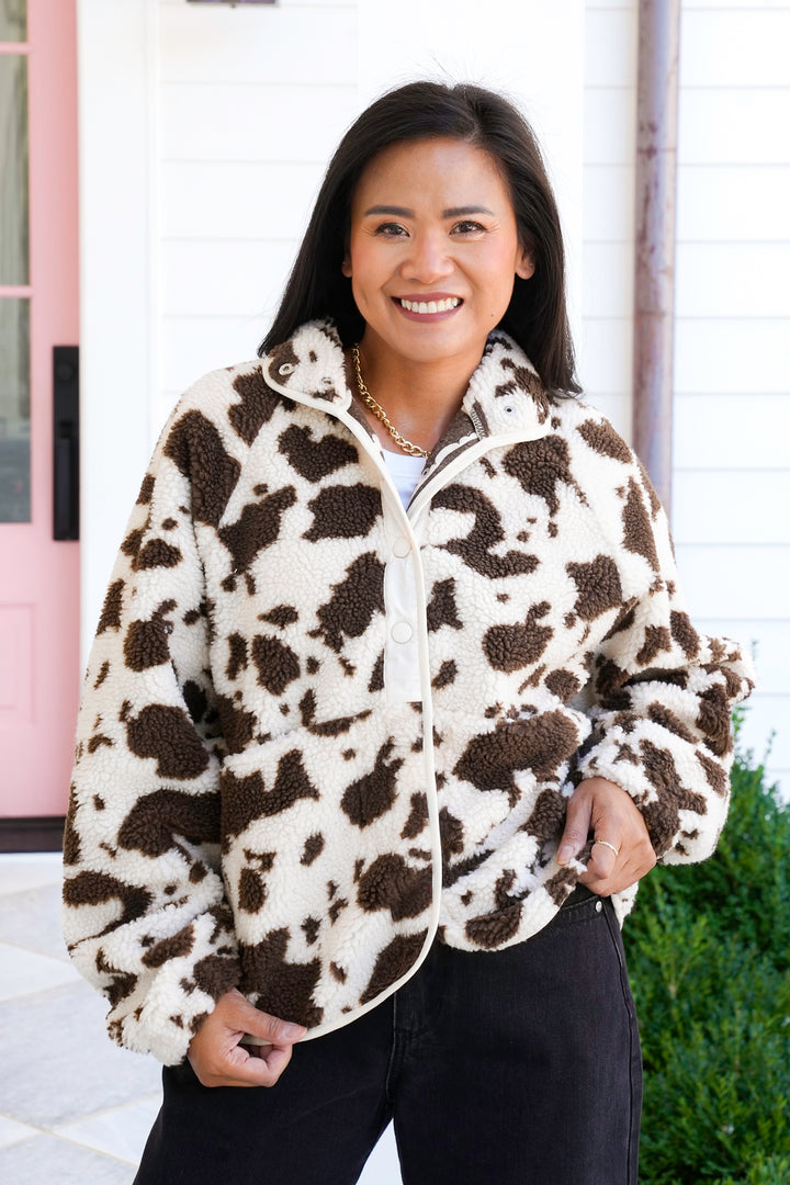 Cow Print Long Sleeve Sherpa Jacket